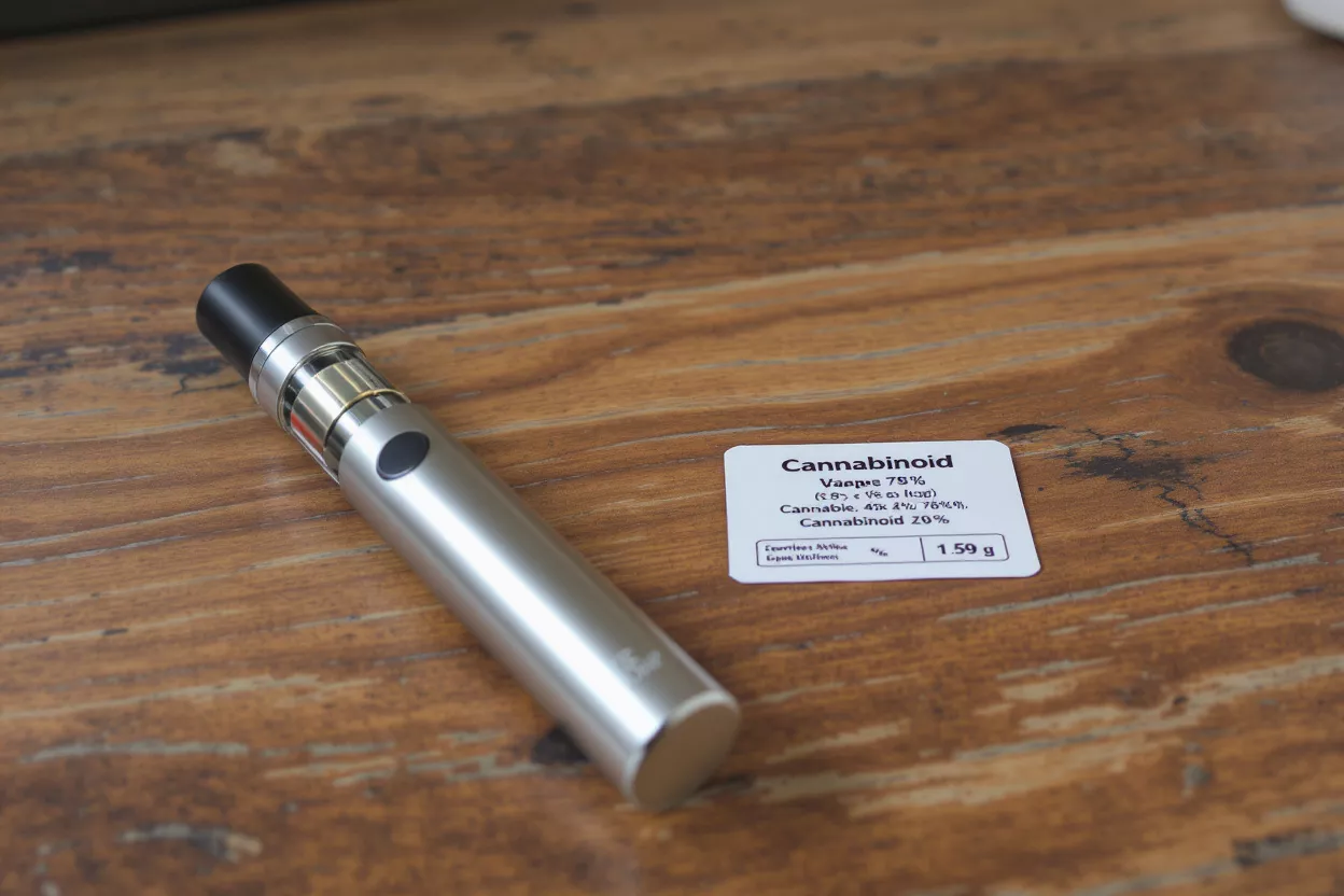 Silver vape pen next to a white label detailing cannabinoid content on a wooden table.