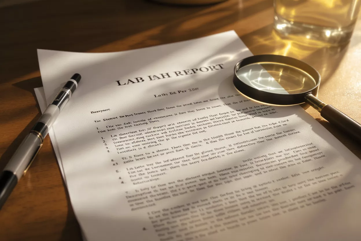A lab report, pen, and magnifying glass on a wooden desk with a glass of water.