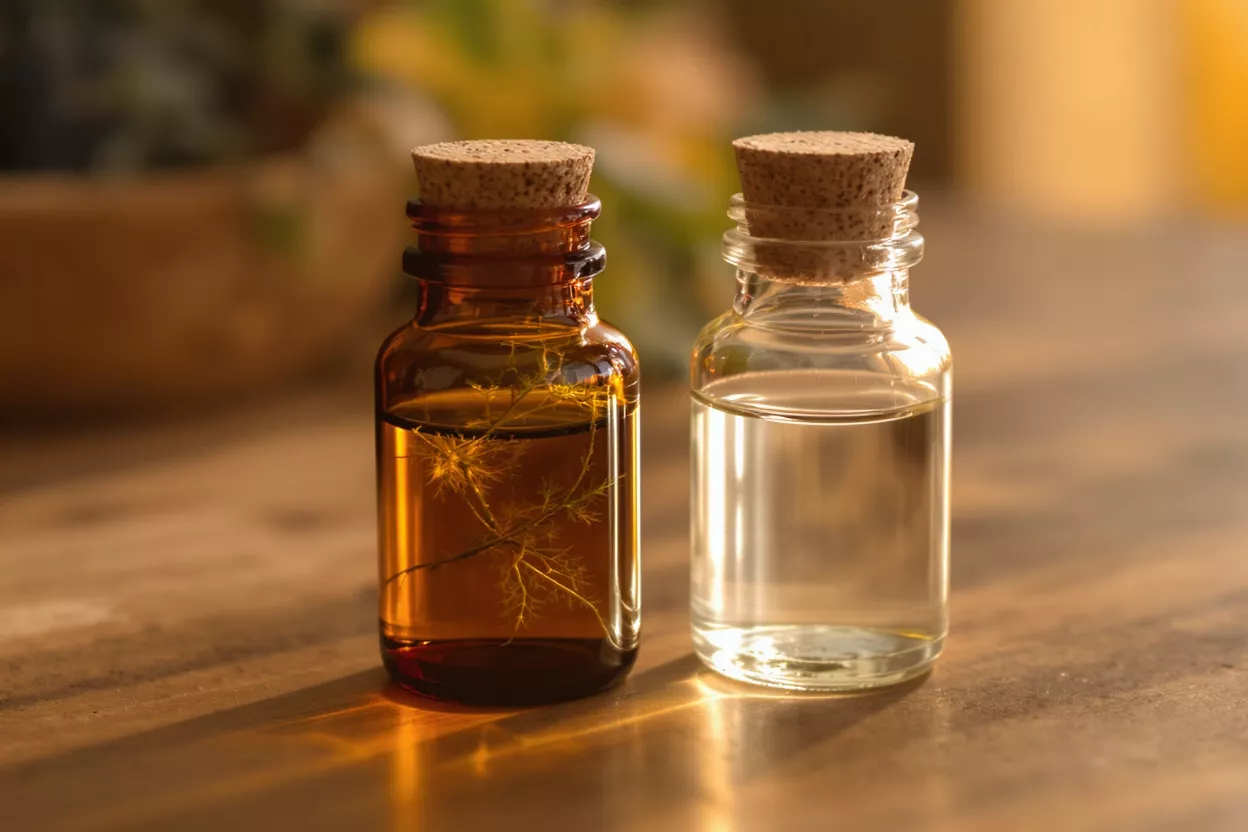 Dos frascos con corcho, uno ámbar con materia vegetal, uno transparente con líquido, sobre una superficie de madera.