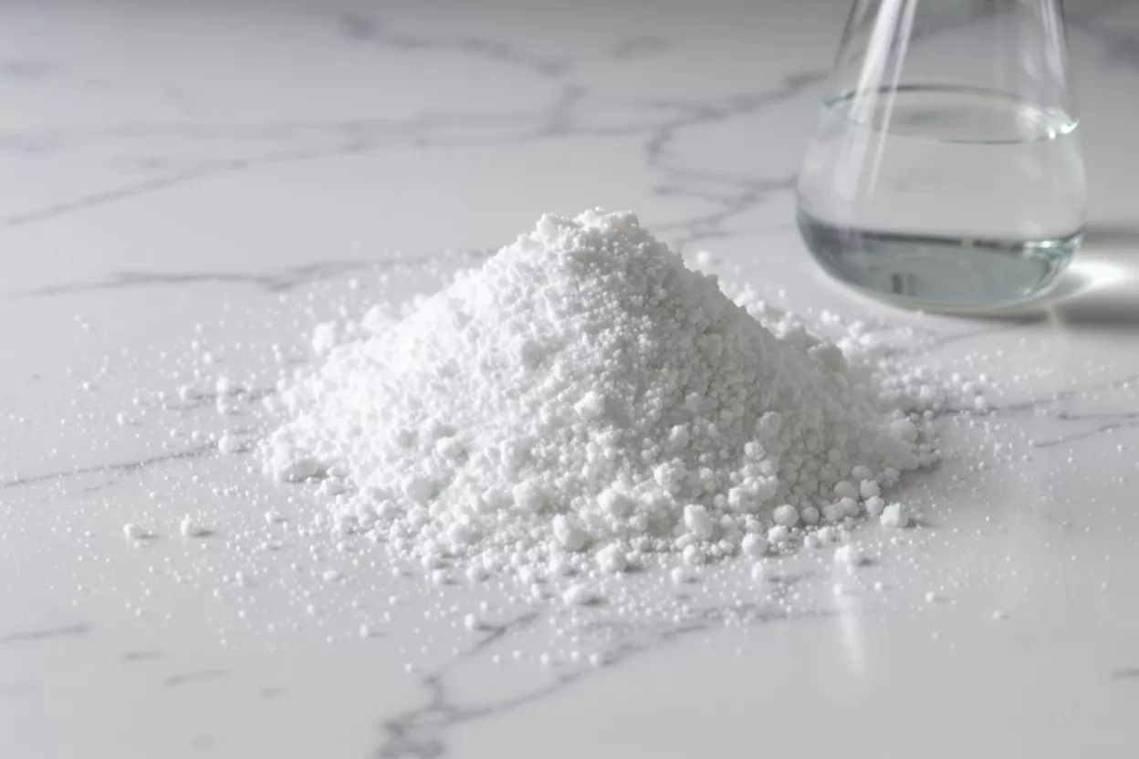 Un montón de polvo granulado blanco junto a un matraz con líquido transparente sobre mármol.