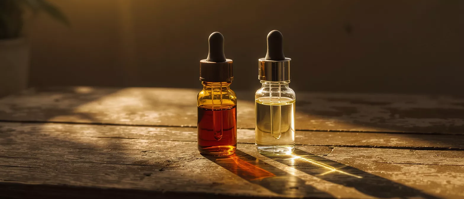 Two dropper bottles, one amber and one clear, filled with natural oils on a wooden surface.