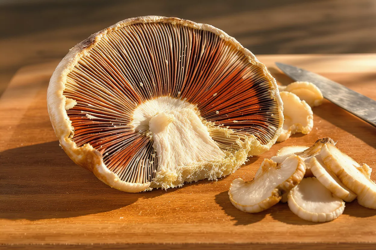A large portobello mushroom with exposed gills sits partially sliced on a cutting board.