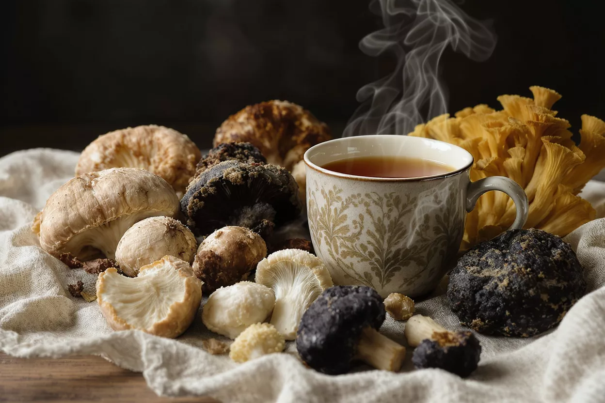 A steaming cup of tea surrounded by an assortment of fresh medicinal mushrooms.