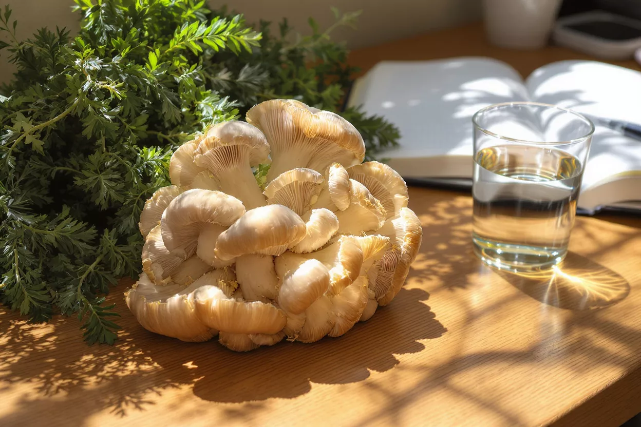 A cluster of fresh oyster mushrooms and greens on a wooden desk in sunlight.