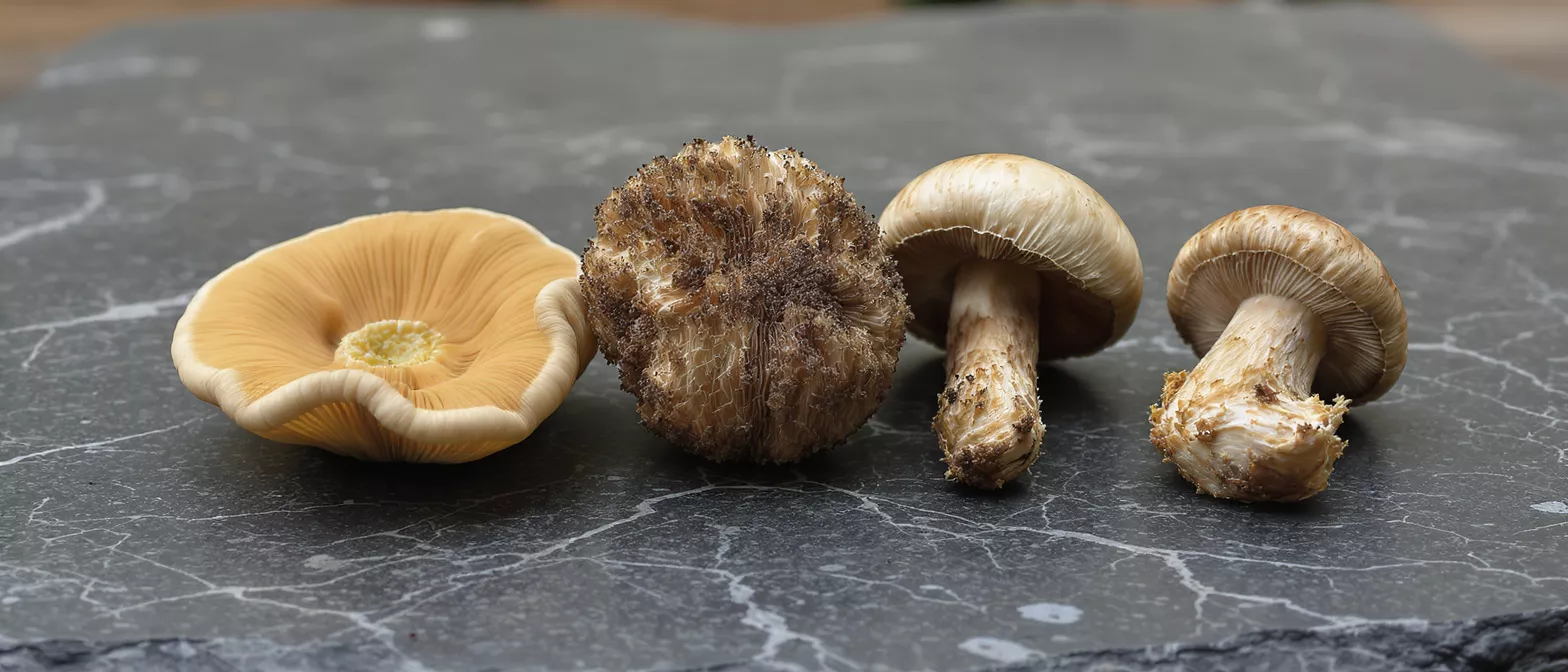 Four diverse mushrooms, including a flat yellow one, on a dark slate surface.
