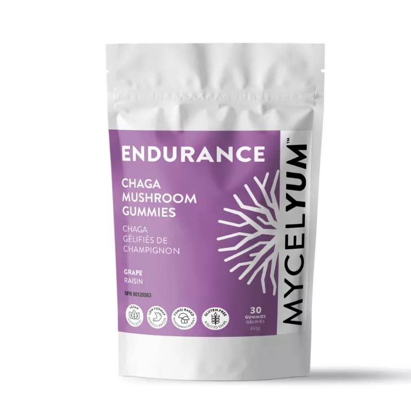 Endurance Chaga Mushroom Gummies packaging: vegan, gluten-free, grape-flavored, 30 gummies, Mycelyum.