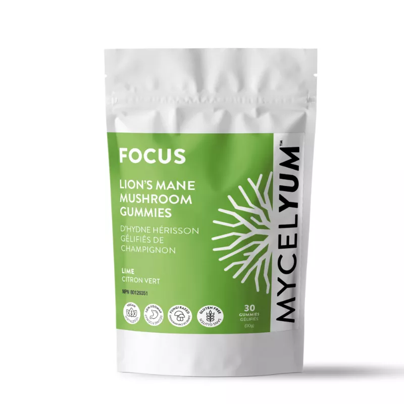 Lions Mane Mushroom Gummies package by Mycelyum for focus, plant-based, gluten-free, lime flavor.