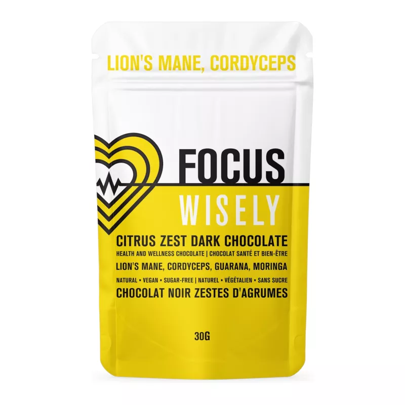 Lions Mane Cordyceps Citrus Zest Dark Chocolate for mental clarity and wellness.