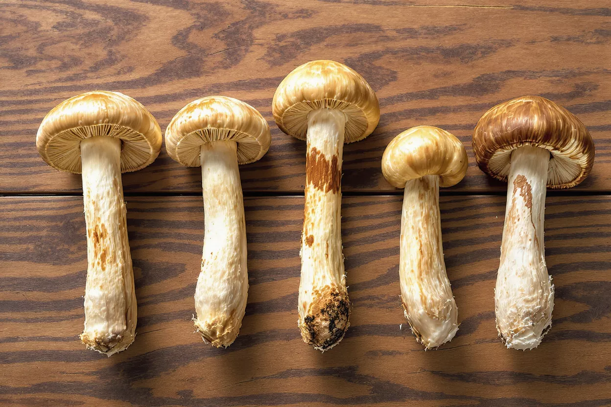 Five fresh mushrooms with light caps and stems on a dark wooden surface.