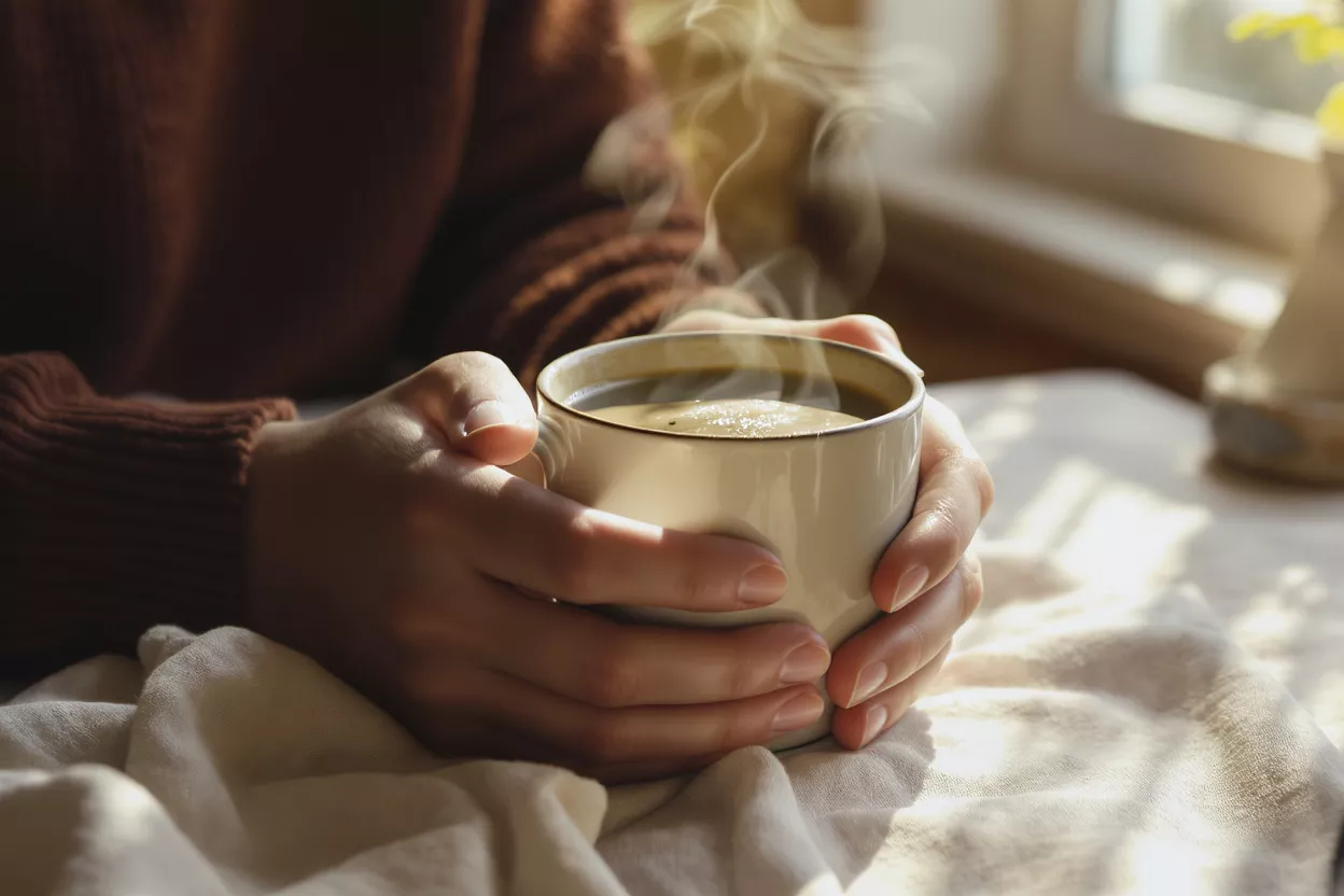Close-up of hands holding a steaming mug of coffee on a sunlit morning.