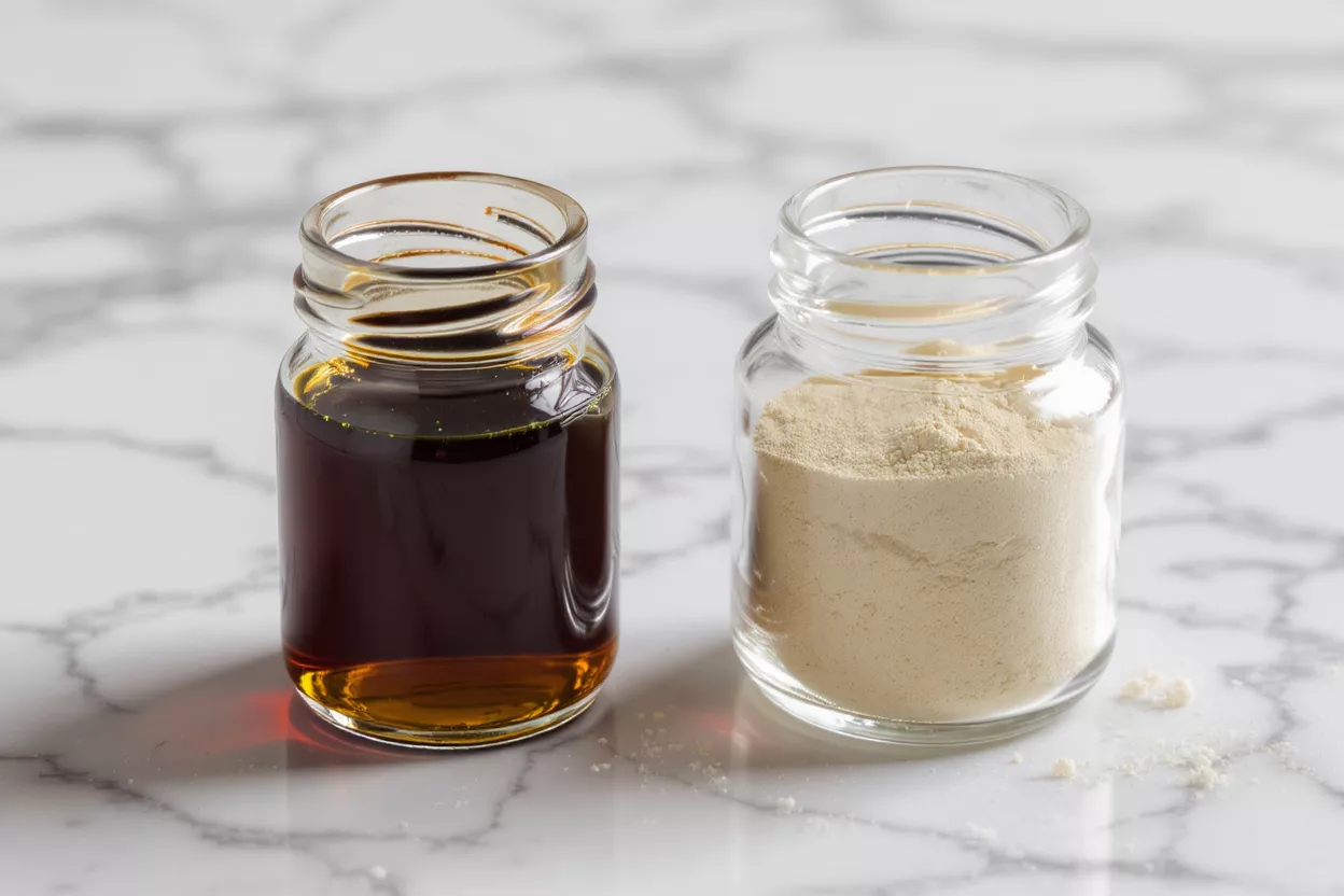 Two small glass jars, one with dark liquid, one with light powder, on marble.