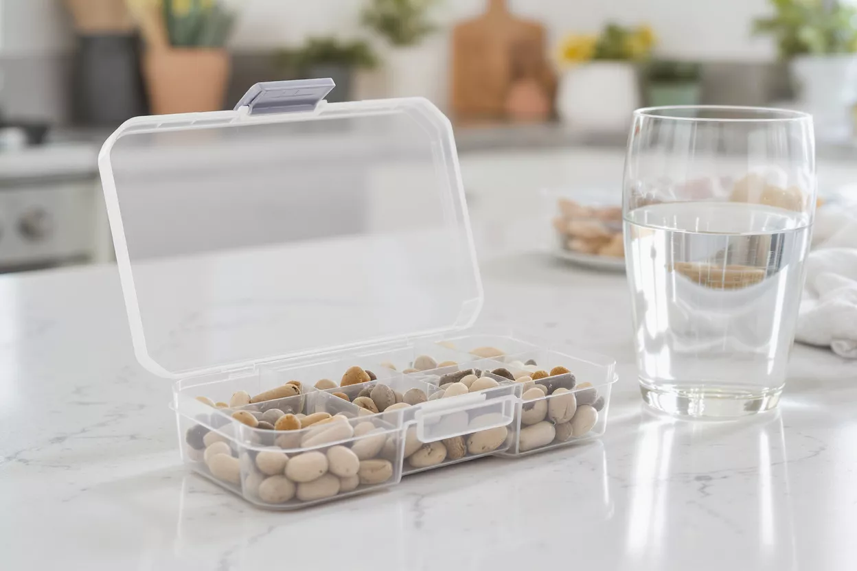 Clear divided storage box filled with small stones next to a glass of water.