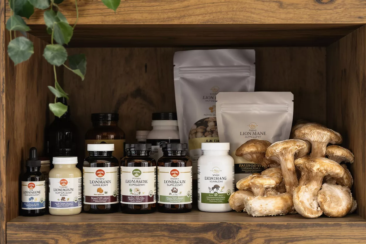 Various Lion's Mane mushroom supplements and fresh mushrooms on a wooden shelf.