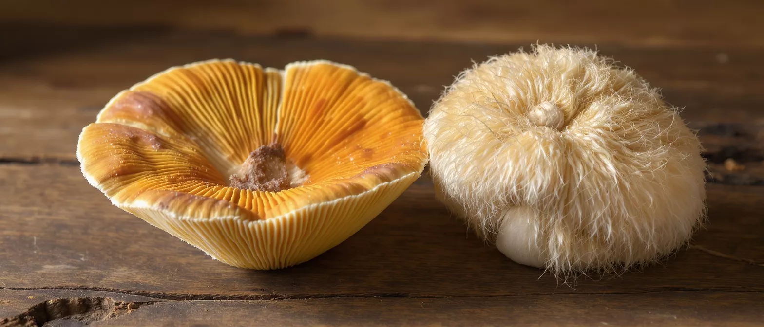 An orange mushroom with visible gills and a fluffy white mushroom on a wooden surface.