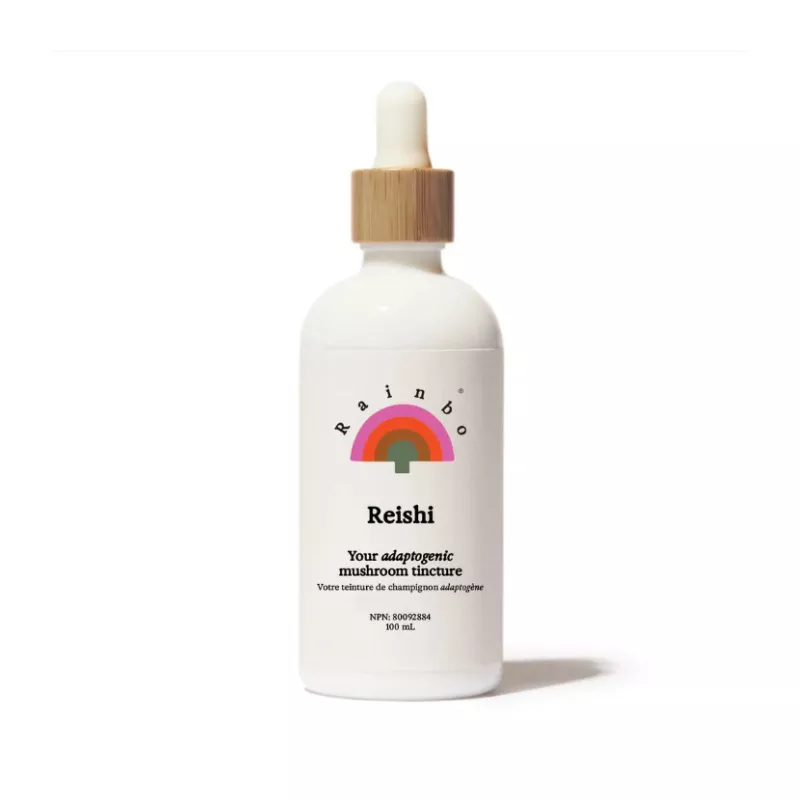 Reishi mushroom tincture bottle by Rainbo with wooden dropper, minimalist design, bilingual label.