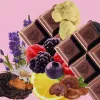 Chocolate bars surrounded by fruits, flowers, and herbs on a pink background.
