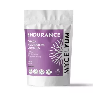 Endurance Chaga Mushroom Gummies packaging: vegan, gluten-free, grape-flavored, 30 gummies, Mycelyum.