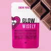 Vegan dark chocolate pouch with superfoods, Glow Wisely, features heart design on pink background.