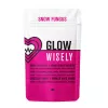Glow Wisely health bar packaging: pink, white, vegan, sugar-free, dark chocolate, vanilla, berries.