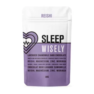 Reishi sleep chocolate pouch: lavender, chamomile, magnesium; vegan, sugar-free health supplement.