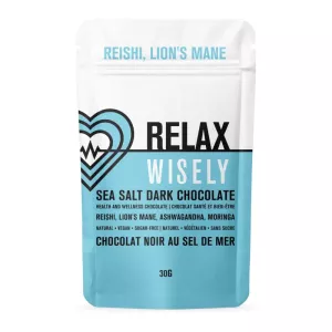 Relax Wisely Sea Salt Dark Chocolate with Reishi, Lions Mane, Vegan, Sugar-Free.