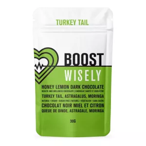 Boost Wisely Turkey Tail Honey Lemon Chocolate with Natural Vegan Ingredients.