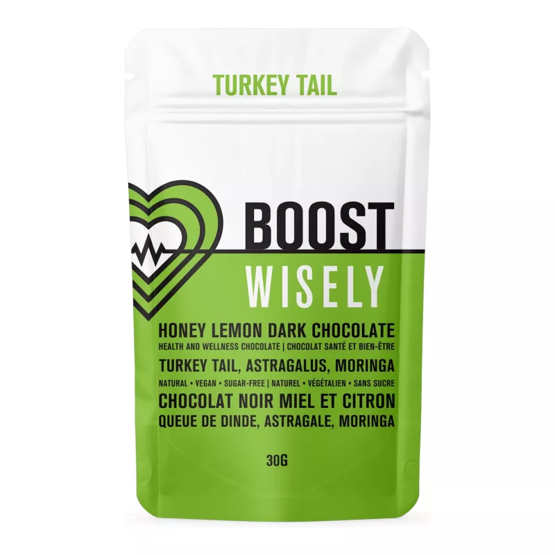 Boost Wisely Turkey Tail Honey Lemon Chocolate with Natural Vegan Ingredients.