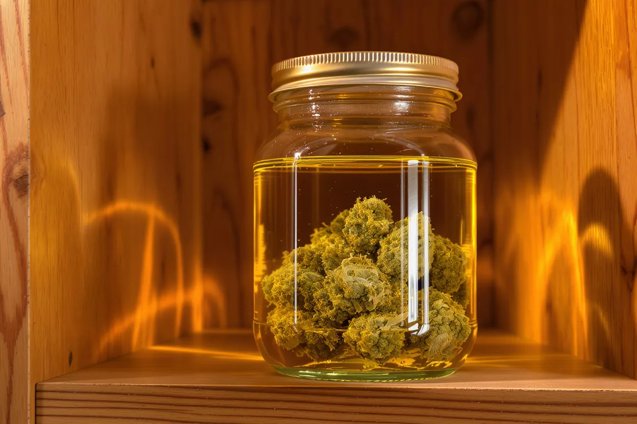 Green cannabis buds submerged in golden oil within a glass jar on a wooden shelf.