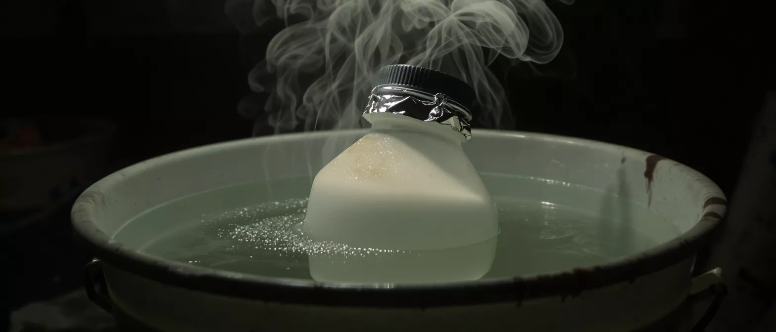 A white plastic bottle with foil and a black cap, heating in a water bath, emitting steam.
