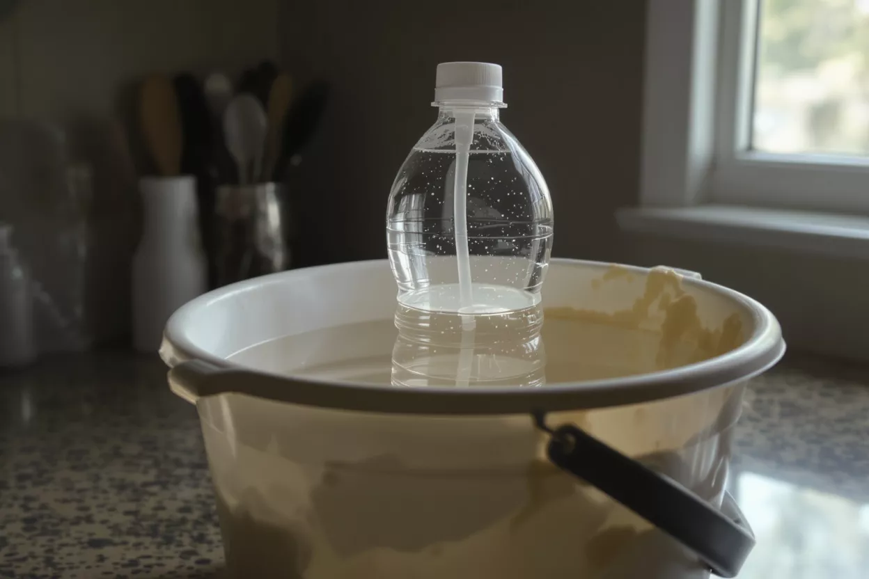 A clear plastic water bottle with a tube inside floating in a bucket of water.