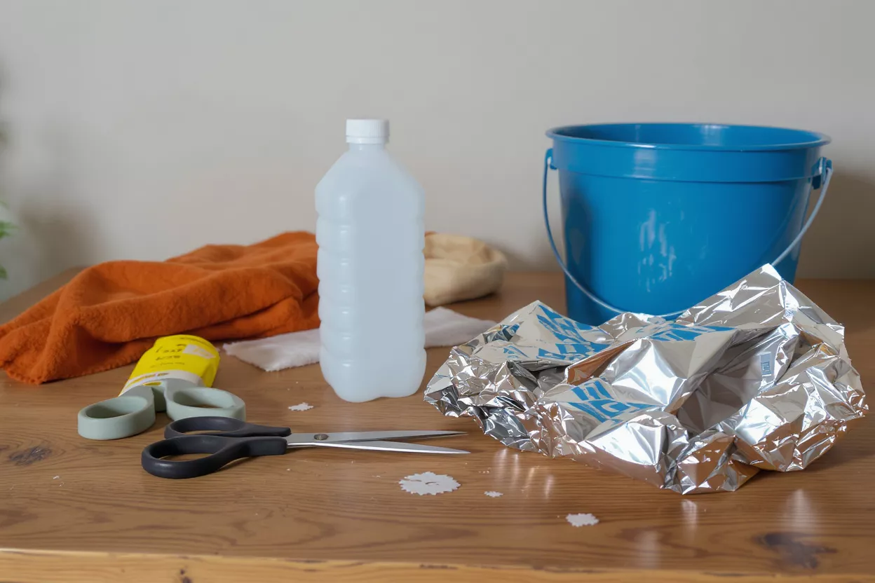 Craft supplies including a blue bucket, foil, and scissors on a wooden table.