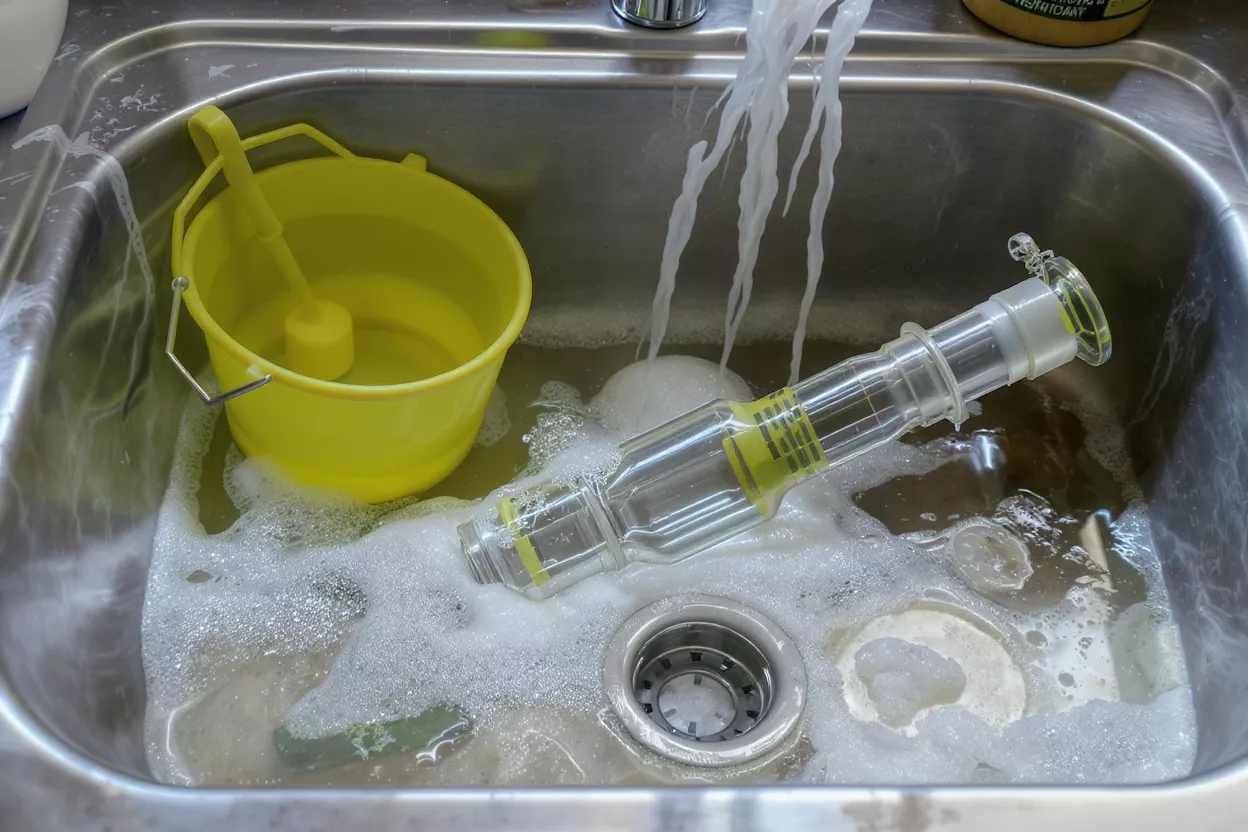 A clear bottle filler and yellow bucket soaking in a soapy stainless steel sink.
