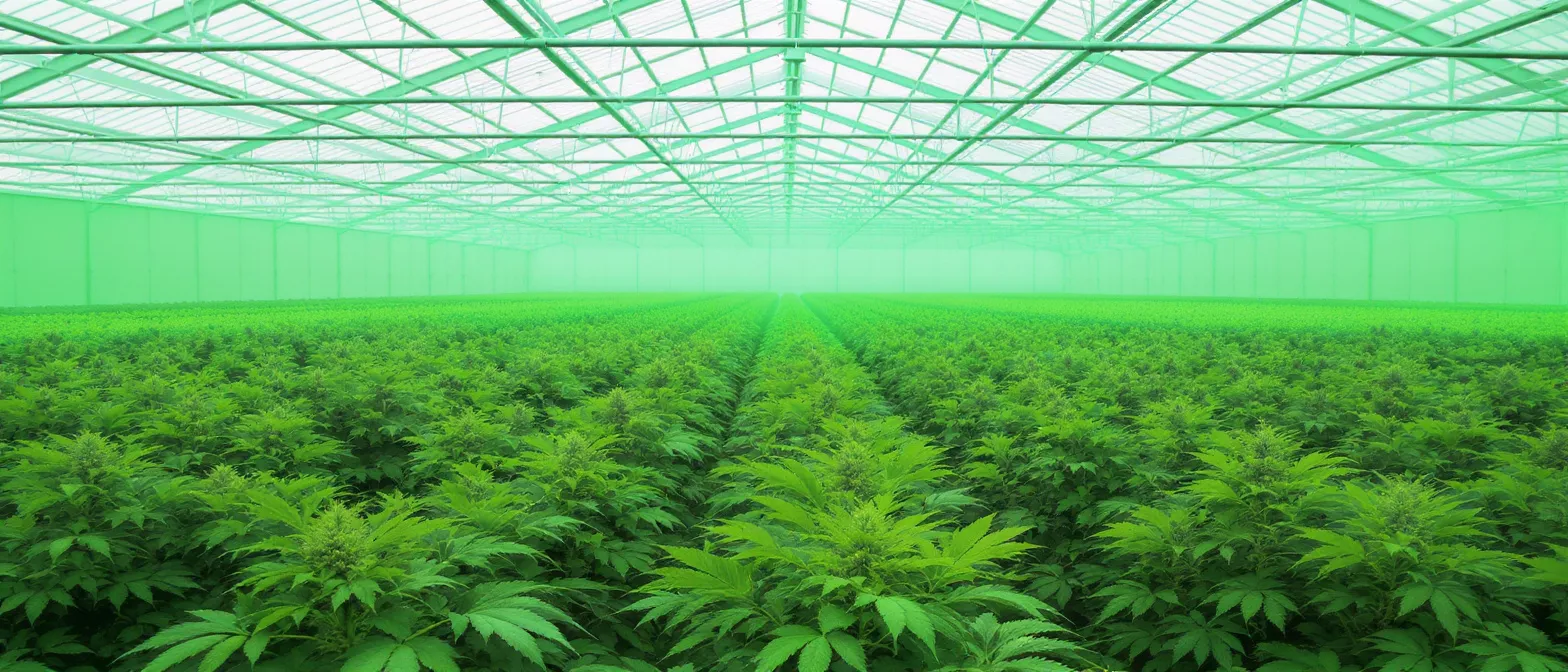Rows of lush green cannabis plants growing inside a large greenhouse.