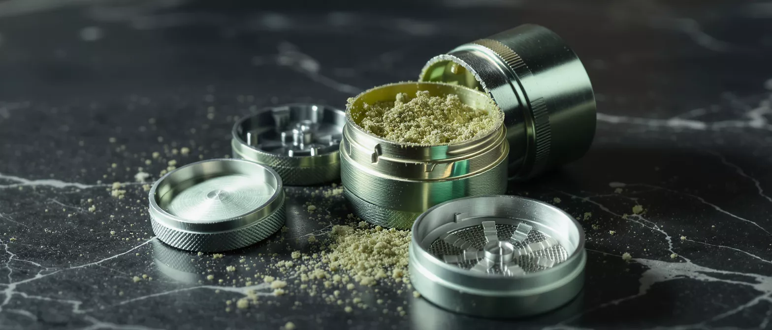 Close-up of a disassembled herb grinder with kief powder on a dark marble surface.