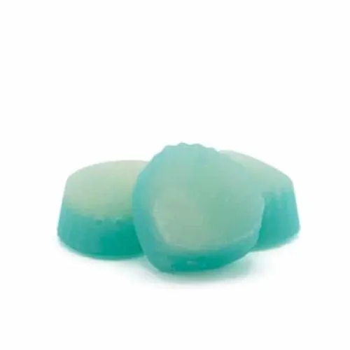 Aqua gummy candies with varying shades on a white background.