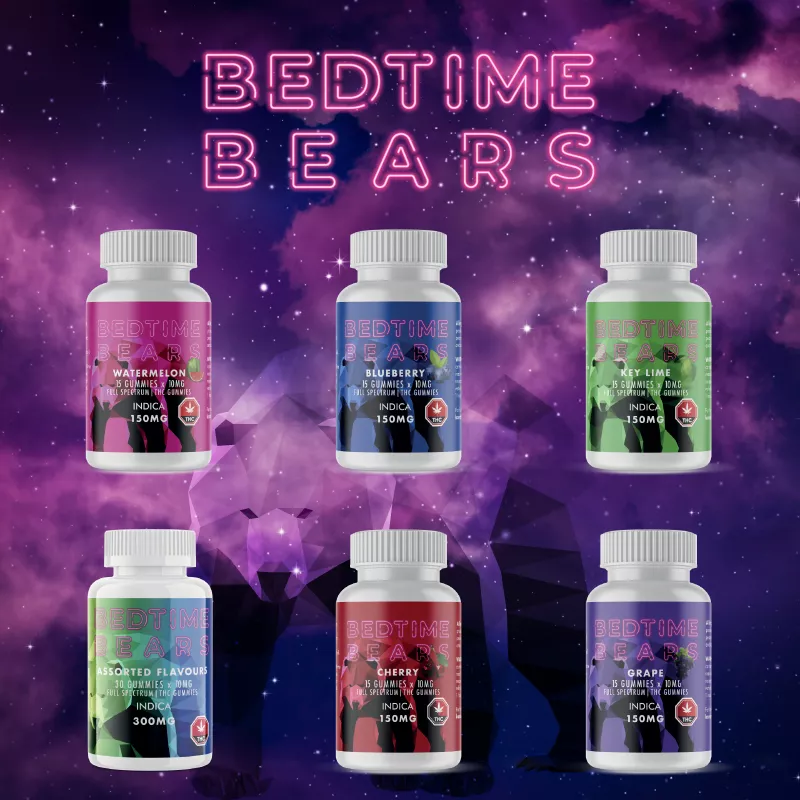 Assorted Bedtime Bears Indica Gummies for relaxation, cosmic background, 15 gummies per bottle.
