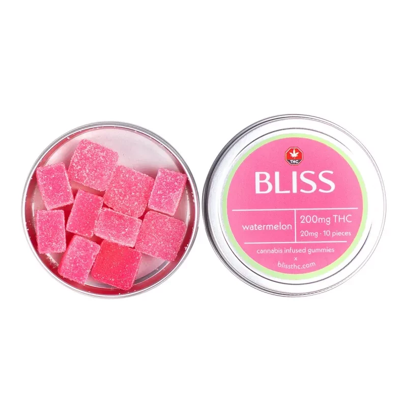 Bliss Watermelon THC Gummies, 200mg, sugar-coated squares with clear lid and vibrant label.
