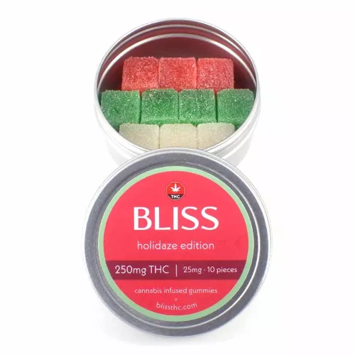 Colorful gummy candies in a round tin labeled bliss, featuring red, green, and yellow squares.