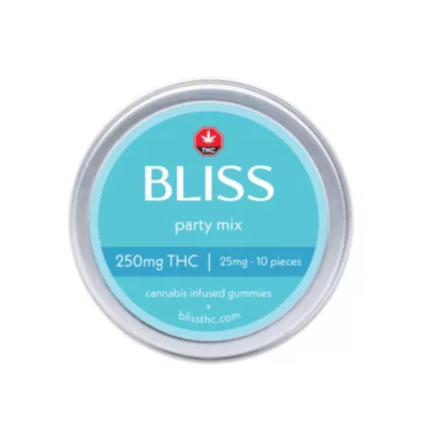 BLISS Party Mix - 250mg THC Cannabis Gummies Label with Dosage and Warning