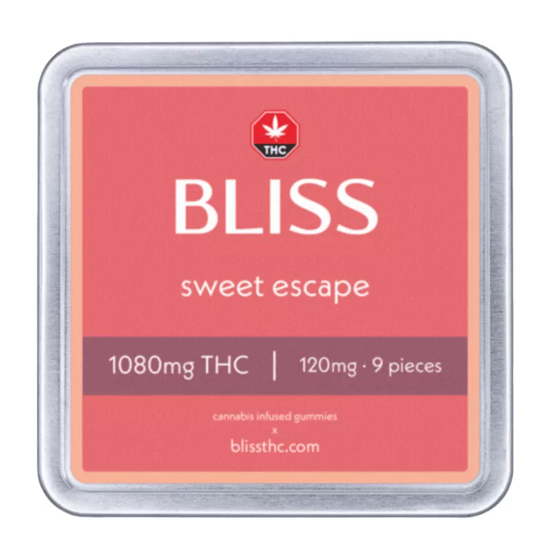 Bliss Sweet Escape THC Gummies Tin, 1080mg, 9 Pieces - Cannabis-Infused Candy.