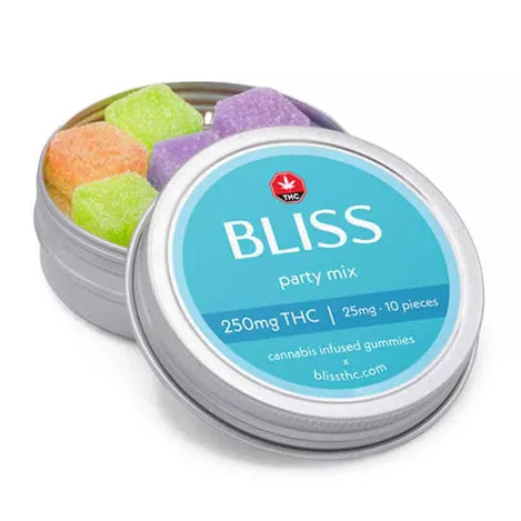 Bliss THC-infused gummies, 375mg party mix visible in round tin with clear lid.