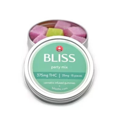 Bliss THC-infused gummies, 375mg party mix visible in round tin with clear lid.