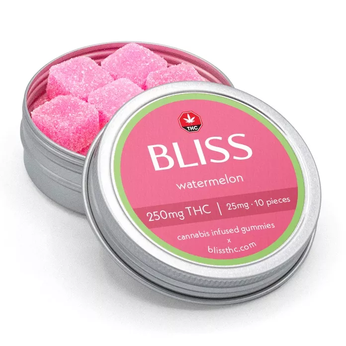 Bliss Watermelon THC Gummies - 250mg, 10pc Tin, Cannabis-Infused Edibles.