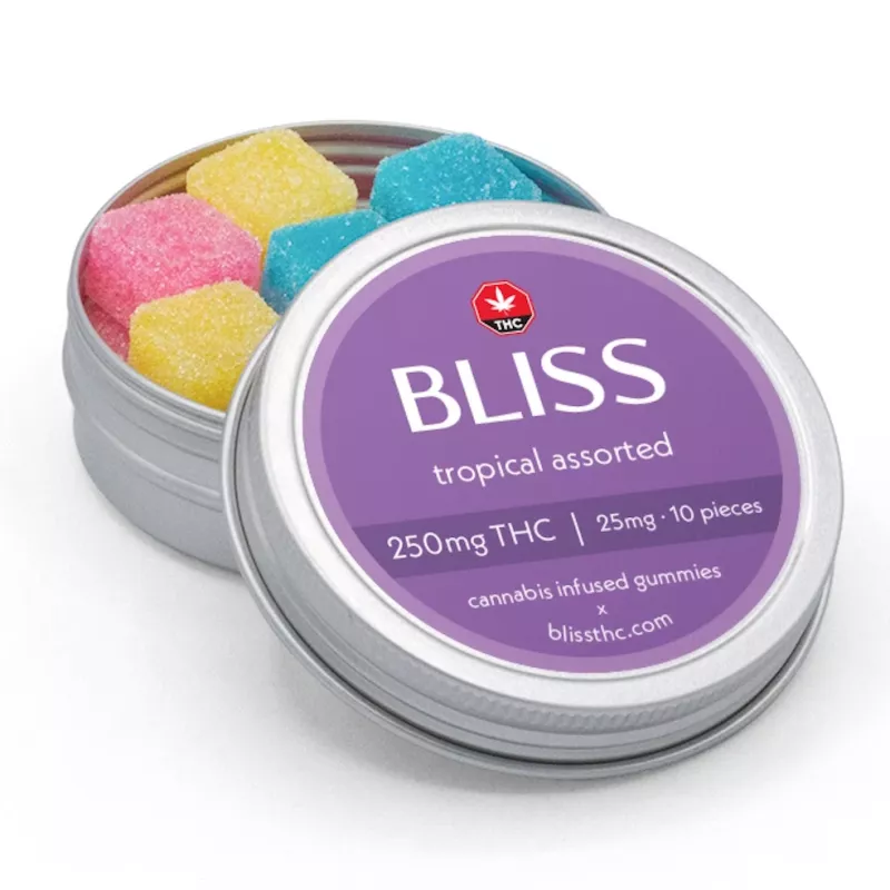 Bliss Tropical Assorted Gummies with 250mg THC in sugar-coated, colorful varieties.