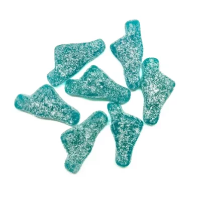 Blue-green cola bottle gummies with sugar coating on white background.