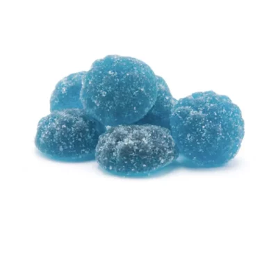 Blue raspberry THC-infused jelly candies with sparkling sugar coating on white background.