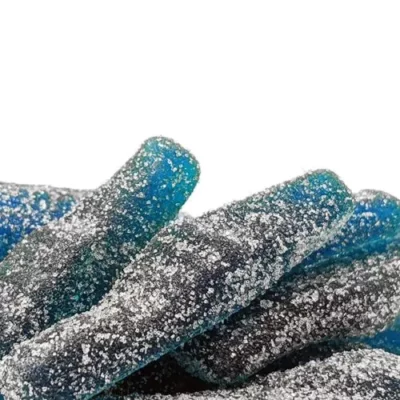 Sparkling sugar-coated blue raspberry gummy worms with tangy-sweet dual-tone flavor.
