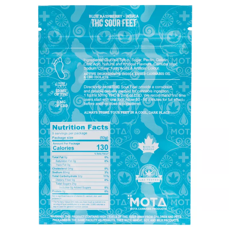 Blue Raspberry THC Sour Feet package with nutritional info and allergen warnings.