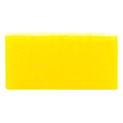 New, glossy bright yellow soap bar with textured surface for refreshing hand and bath use.