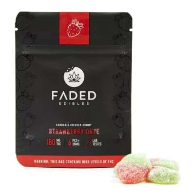 Faded Edibles THC Gummies, Strawberry Daze flavor, 180mg pack with warning label.